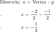 \text{Directrix: x = Vertex - p}\\\\.\qquad \qquad x=\dfrac{-2}{2}-\dfrac{-1}{2}\\\\.\qquad \qquad x=-\dfrac{1}{2}