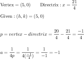 \text{Vertex}=(5,0)\qquad \text{Directrix}:x=\dfrac{21}{4}\\\\\text{Given}: (h,k)=(5,0)\\\\\\p=vertex-directrix=\dfrac{20}{4}-\dfrac{21}{4}=\dfrac{-1}{4}\\\\\\a=\dfrac{1}{4p}=\dfrac{1}{4(\frac{-1}{4})}=\dfrac{1}{-1}=-1