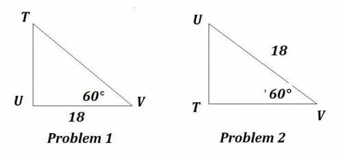 In the right triangle shown, m\angle V = 60\degreem∠V=60°m, angle, V, equals, 60, degree and UV= 18U