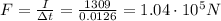 F=\frac{I}{\Delta t}=\frac{1309}{0.0126}=1.04\cdot 10^5 N