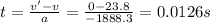 t=\frac{v'-v}{a}=\frac{0-23.8}{-1888.3}=0.0126 s