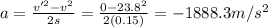 a=\frac{v'^2-v^2}{2s}=\frac{0-23.8^2}{2(0.15)}=-1888.3 m/s^2