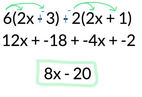 Expand and simplify 6(2x - 3) - 2(2x + 1)