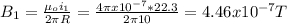 B_{1} =\frac{\mu _{o}i_{1}  }{2\pi R} =\frac{4\pi x10^{-7}*22.3 }{2\pi 10} =4.46x10^{-7} T