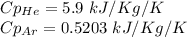 Cp_{He} = 5.9 \ kJ/Kg/K\\Cp_{Ar}  = 0.5203 \  kJ/Kg/K
