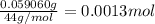 \frac{0.059060 g}{44 g/mol}=0.0013 mol