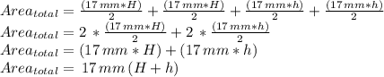 Area_{total}=\frac{(17\,mm * H)}{2} +\frac{(17\,mm * H)}{2} +\frac{(17\,mm * h)}{2} +\frac{(17\,mm * h)}{2} \\Area_{total}=2\,*\frac{(17\,mm * H)}{2} + 2\,*\frac{(17\,mm * h)}{2} \\Area_{total}=(17\,mm * H) + (17\,mm * h)\\Area_{total}=\,17\,mm\,(H+h)
