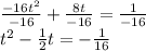 \frac{-16t^2}{-16} +\frac{8t}{-16}=\frac{1}{-16}\\t^2-\frac{1}{2}t=-\frac{1}{16}
