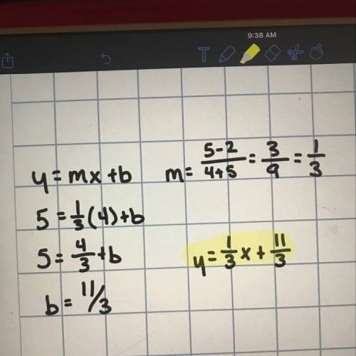 Write the equation of the line in slope-intercept form if possible:  thru the points (-5,2) and (4,5