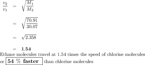 \begin{array}{rcl}\dfrac{v_{2}}{v_{1}} & = & \sqrt{\dfrac{M_{1}}{M_{2}}}\\\\& = & \sqrt{\dfrac{70.91}{30.07}}\\\\& = & \sqrt{2.358}\\\\& = & \mathbf{1.54}\\\end{array}\\\text{Ethane molecules travel at 1.54 times the speed of chlorine molecules}\\\text{or $\large \boxed{\textbf{54 $\%$ faster }}$ than chlorine molecules}