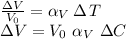 \frac{\Delta V}{V_0} =\alpha_V\, \Delta\, T\\\Delta V = V_0\,\, \alpha_V\,\,\Delta C
