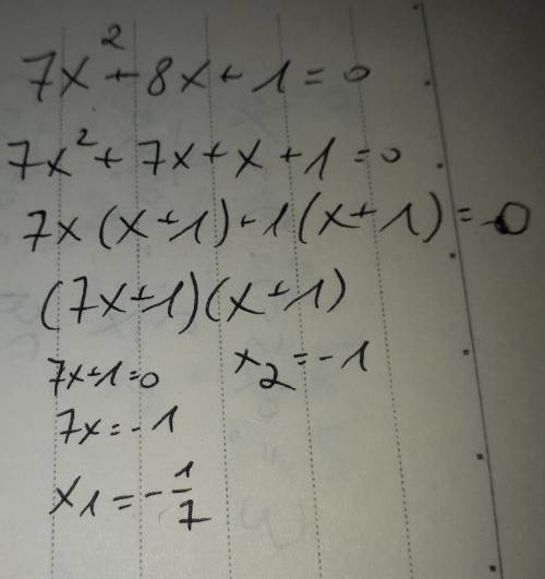Solve for x. write both solutions. separated by a comma 7x^2+8x+1=0