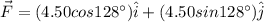 \vec F=(4.50 cos 128^\circ)\hat i+(4.50 sin 128^\circ)\hat j