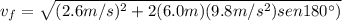 v_{f} = \sqrt{(2.6m/s)^{2} + 2(6.0m)(9.8m/s^{2})sen 180^{\circ})}