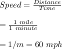 Speed=\frac{Distance}{Time}\\\\=\frac{1\ mile}{1\ minute}\\\\=1 \m/m=60\ mph