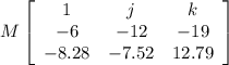 \\M  \left[\begin{array}{ccc}1&j&k\\-6&-12&-19\\-8.28&-7.52&12.79\end{array}\right]
