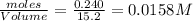 \frac{moles}{Volume}=\frac{0.240}{15.2}=0.0158M