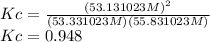 Kc=\frac{(5 3.1 3 1023 M)^2}{(5 3.3 3 1023 M)(5 5.8 3 1023 M)}\\Kc=0.948
