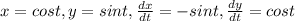 x = cost, y = sin t, \frac{dx}{dt}=-sin t, \frac{dy}{dt}=cos t