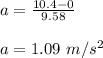 a=\frac{10.4-0}{9.58}\\\\a=1.09\ m/s^2