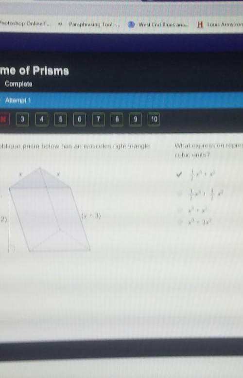 The oblique prism below has an isosceles right triangle base. what expression represents the volume