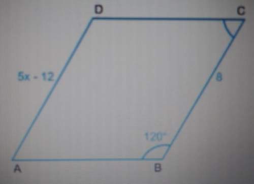 In the given parallelogram, find the value of x and the measure of angle c.