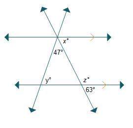 Which statements about the diagram are true? select three options. x = 63 y = 47&lt;