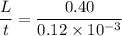 \dfrac{L}{t}=\dfrac{0.40}{0.12\times 10^{-3}}