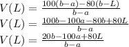 V(L) = \frac{100(b-a) - 80(b-L)}{b-a} \\V(L) = \frac{100b - 100a -80b + 80L}{b-a} \\V(L) = \frac{20b - 100a + 80L}{b-a}