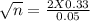 \sqrt{n}  = \frac{2X0.33}{0.05}