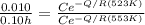 \frac{0.010}{0.10h} = \frac{Ce^{-Q/R(523K)}}{ Ce^{-Q/R(553K)}}