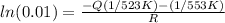ln (0.01)   = \frac{-Q (1/523K)- (1/553K)}{R}