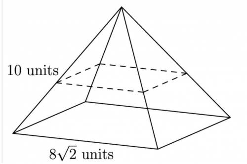 A right square pyramid with base edges of length $8\sqrt{2}$ units each and slant edges of length 10