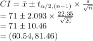 CI=\bar x\pm t_{\alpha/2, (n-1)}\times \frac{s}{\sqrt{n}}\\=71\pm 2.093\times\frac{22.35}{\sqrt{20}}\\=71\pm 10.46\\=(60.54, 81.46)