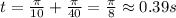 t=\frac{\pi}{10} +\frac{\pi}{40} =\frac{ \pi}{8} \approx 0.39s