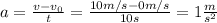 a=\frac{v-v_0}{t}=\frac{10m/s-0m/s}{10s}=1\frac{m}{s^2}