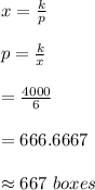 x=\frac{k}{p}\\\\p=\frac{k}{x}\\\\=\frac{4000}{6}\\\\=666.6667\\\\\approx 667\  boxes