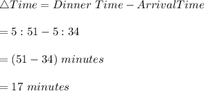 \bigtriangleup Time=Dinner \ Time-Arrival Time\\\\=5:51-5:34\\\\=(51-34)\ minutes\\\\=17\ minutes