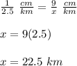 \frac{1}{2.5}\ \frac{cm}{km}=\frac{9}{x}\ \frac{cm}{km}\\\\x=9(2.5)\\\\x=22.5\ km