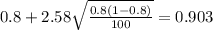 0.8 + 2.58\sqrt{\frac{0.8(1-0.8)}{100}}=0.903