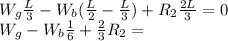 W_g \frac{L}{3} - W_b ( \frac{L}{2} - \frac{L}{3} ) + R_2 \frac{2L}{3} =0  \\W_g - W_b \frac{1}{6} +    \frac{2}{3} R_2 =