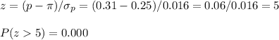 z=(p-\pi)/\sigma_p=(0.31-0.25)/0.016=0.06/0.016=5\\\\P(z5)=0.000
