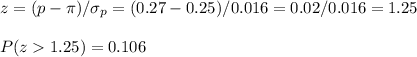 z=(p-\pi)/\sigma_p=(0.27-0.25)/0.016=0.02/0.016=1.25\\\\P(z1.25)=0.106