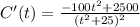 C'(t) = \frac{-100t^{2} + 2500}{(t^{2} + 25)^{2}}