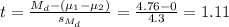 t=\frac{M_d-(\mu_1-\mu_2)}{s_{M_d}}=\frac{4.76-0}{4.3}=1.11