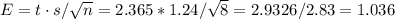 E=t\cdot s/\sqrt{n}=2.365*1.24/\sqrt{8}=2.9326/2.83=1.036