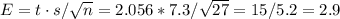 E=t\cdot s/\sqrt{n}=2.056*7.3/\sqrt{27}=15/5.2=2.9