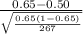\frac{0.65-0.50}{{\sqrt{\frac{0.65(1-0.65)}{267} } } } }