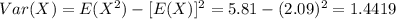 Var(X) = E(X^2) -[E(X)]^2 = 5.81 -(2.09)^2 =1.4419