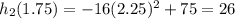 h_2(1.75)=-16(2.25)^2+75=26